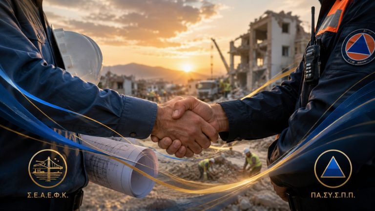 Χειραψία συνεργασίας μεταξύ εργαζομένων της αποκατάστασης φυσικών καταστροφών και της πολιτικής προστασίας