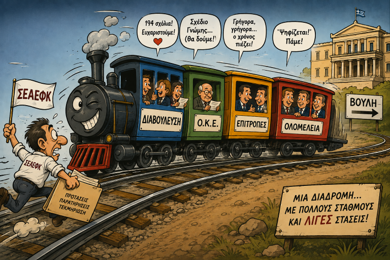 Σκίτσο για την πορεία του σχεδίου νόμου από τη δημόσια διαβούλευση και την ΟΚΕ στις Επιτροπές και την Ολομέλεια της Βουλής